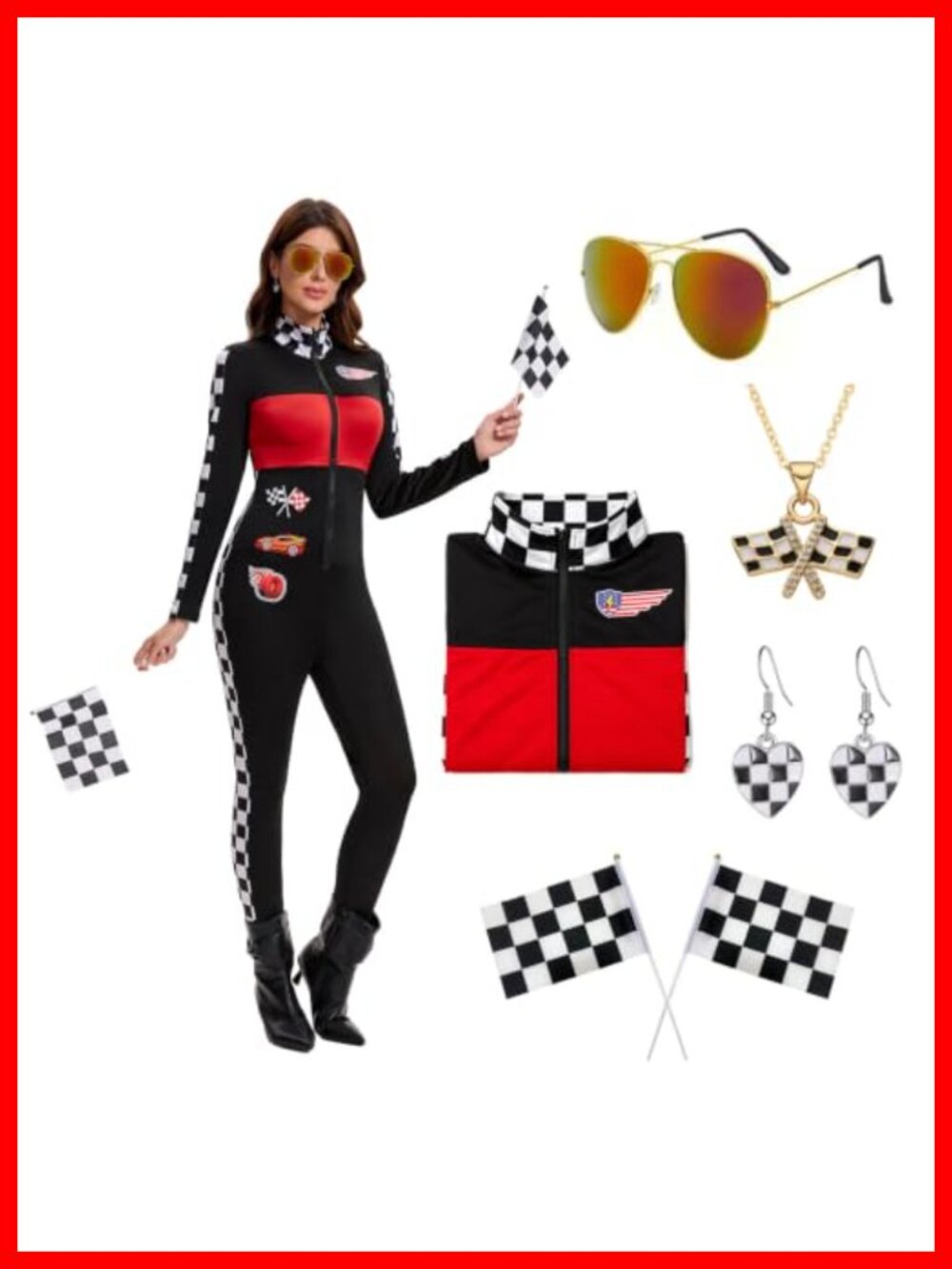 Women's Race Car Driver Costume Jumpsuit 7-Piece Set Halloween Cosplay Party